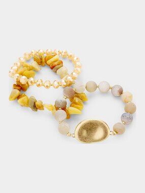 Yellow Stone Chip Stretch Bracelet Set of 3 - Gold Disc Boho Stack, Crushed